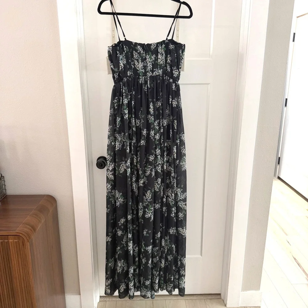 Sau Lee Georgina Ditsy Floral Gown Black Chiffon Pleated Bustier Maxi Dress Sz 4 - Picture 2 of 13